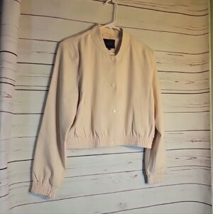 Cropped Bomber Jacket Lightweight Button Up Neutral Tan Beige Cute Everyday, L‎